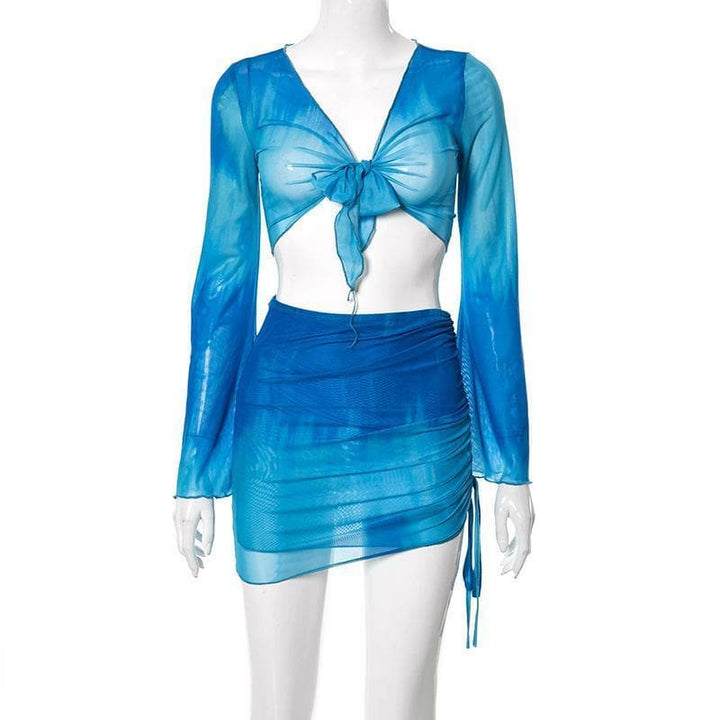 Flared sleeve mesh see through skirt set - Halibuy