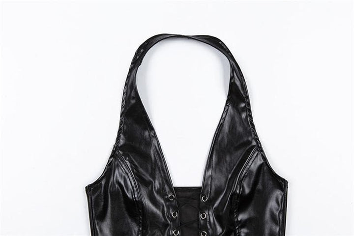 Lace up front halter backless PU top - Halibuy