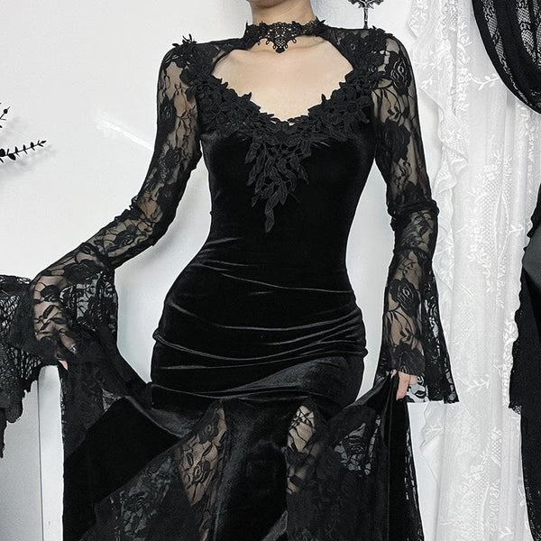 Long flared sleeve crewneck lace embroidery ruffle maxi dress  | red tango dress