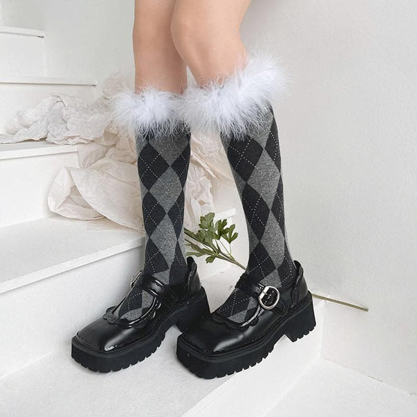 Feather plaid contrast knee high socks