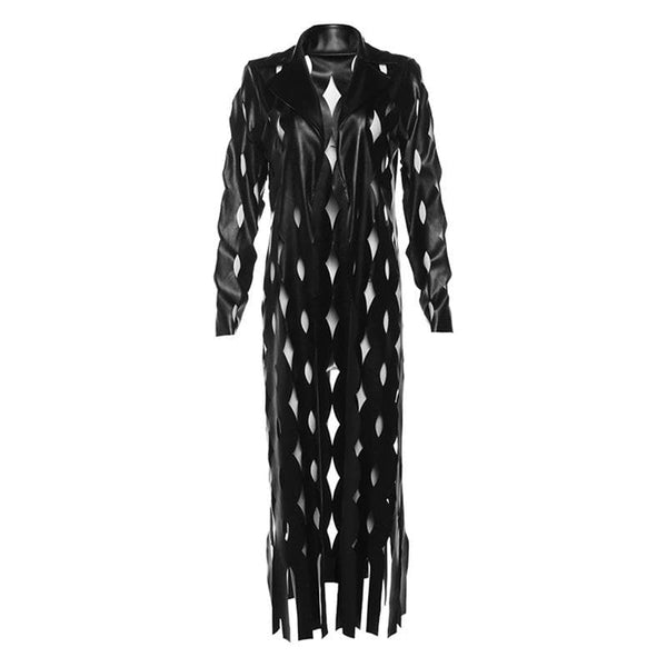 Turnover collar hollow out PU leather long sleeve coat cut out top