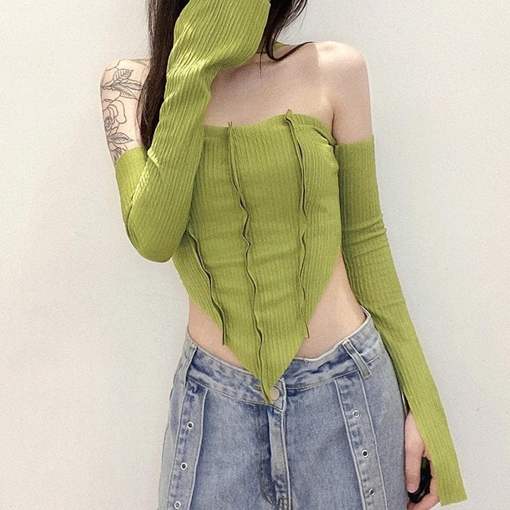 Long sleeve off shoulder patchwork top - Halibuy