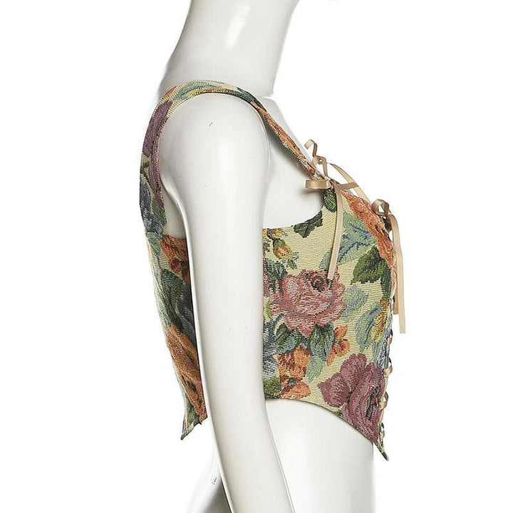 Print bow tie lace up bustier crop top - Halibuy