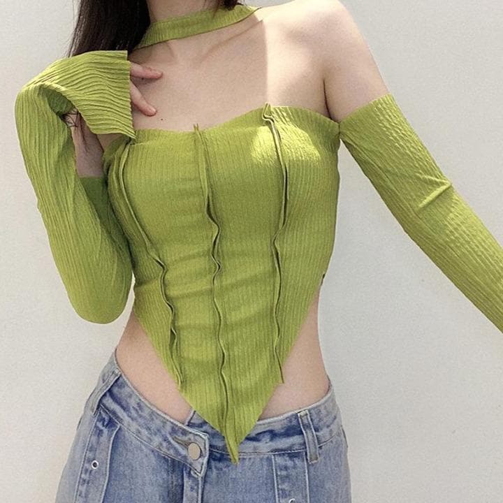Long sleeve off shoulder patchwork top - Halibuy