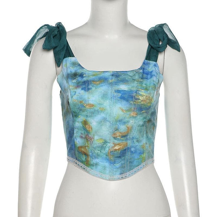 Print lace up back self tie strap bustier crop top - Halibuy