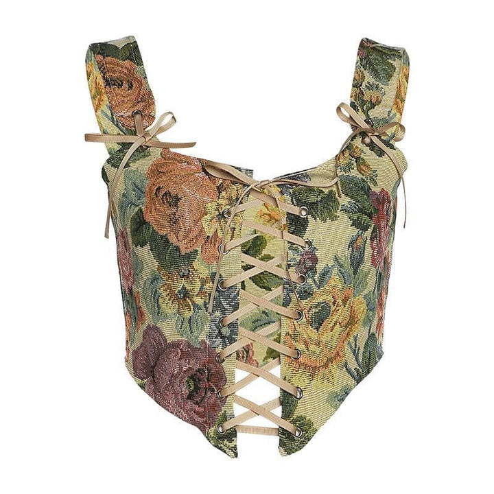 Print bow tie lace up bustier crop top - Halibuy