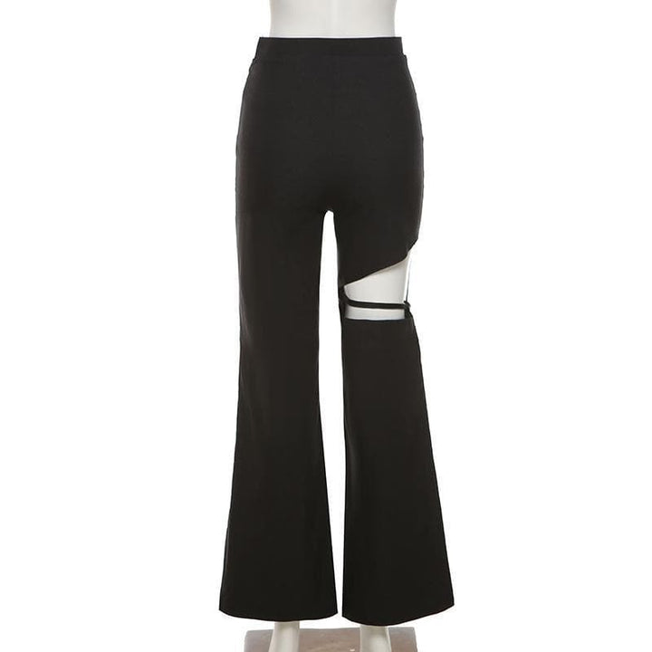 Zip up hollow out flared solid pant - Halibuy