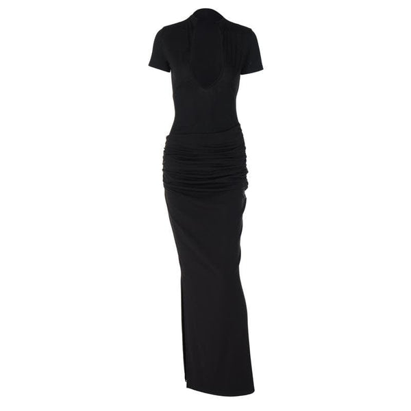 Robe longue unie à manches courtes, col en V, froncée, coupe basse et fente 