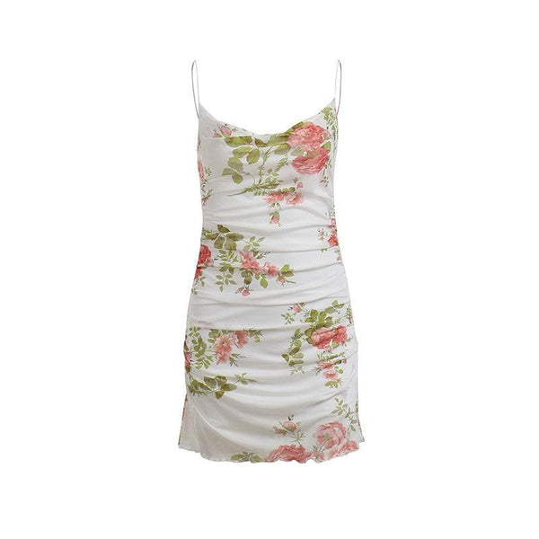 Cowl neck sheer mesh flower print ruffle cami mini dress  | samba dress