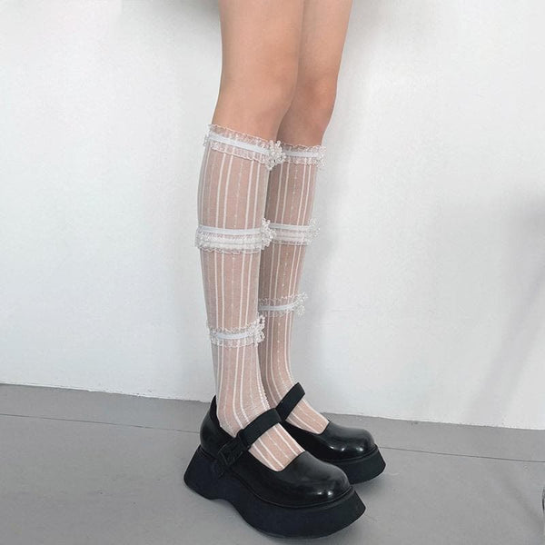 Gauze striped butterfly applique knee high socks