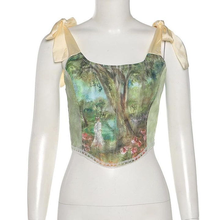 Print lace up back self tie strap bustier crop top - Halibuy