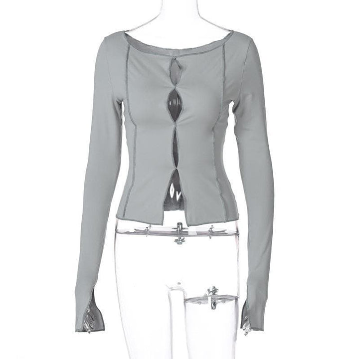 Hollow out round neck long sleeve top - Halibuy