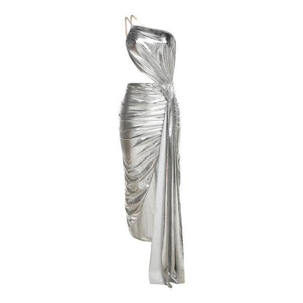 Robe longue métallique asymétrique à dos nu irrégulier 