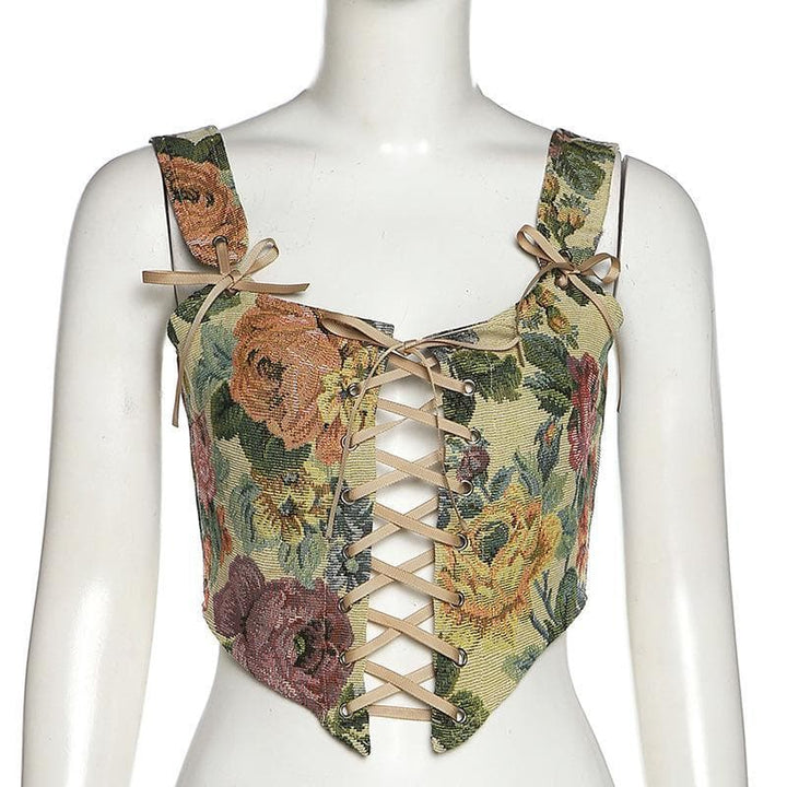 Print bow tie lace up bustier crop top - Halibuy
