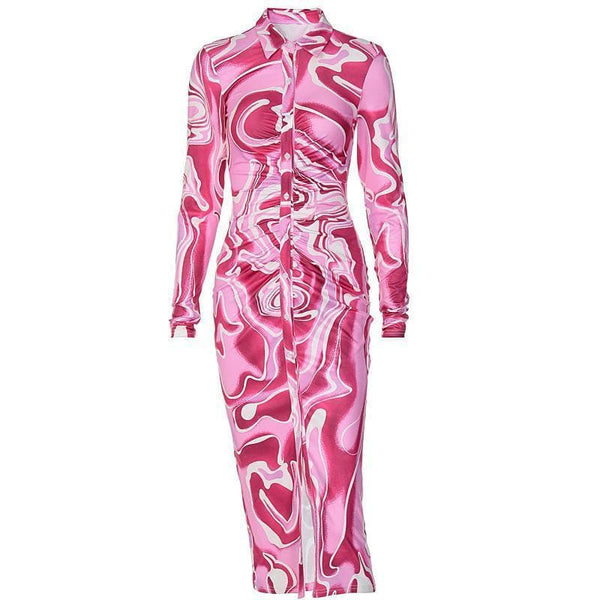 Print turnover collar ruched button-through midi dress - Halibuy