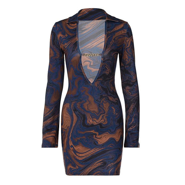 Mini-robe à manches longues, col en V, col retourné, chaîne métallique contrastée