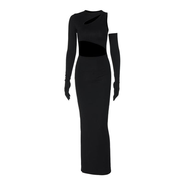 Long sleeve gloves irregular hollow out crewneck maxi dress