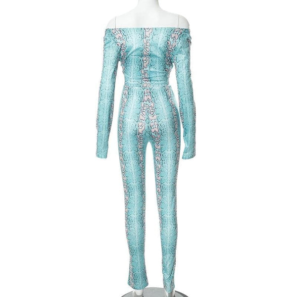 Ensemble pantalon à manches longues et épaules dénudées à imprimé peau de serpent 