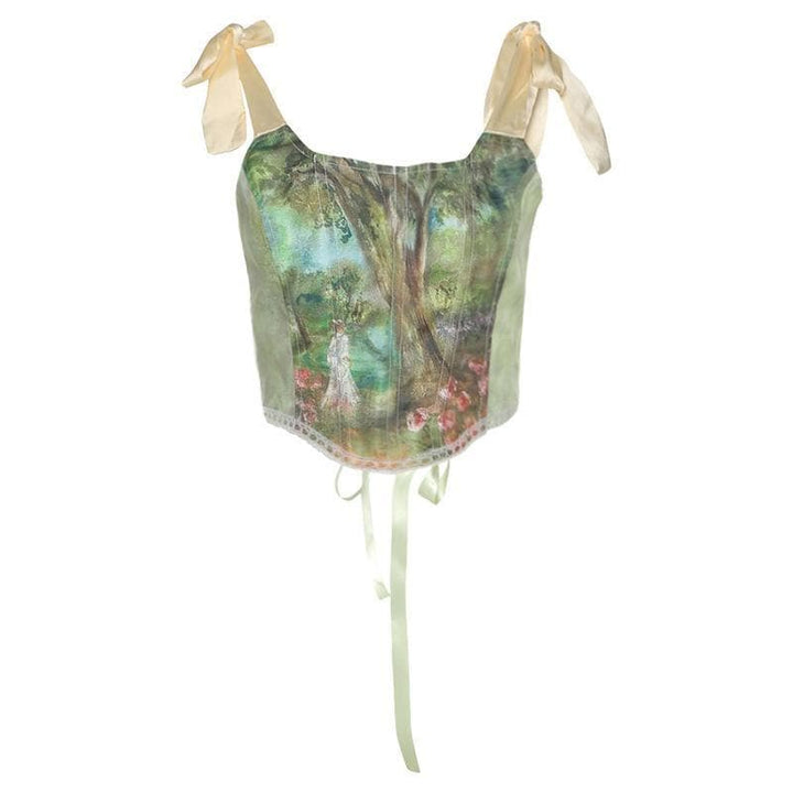 Print lace up back self tie strap bustier crop top - Halibuy