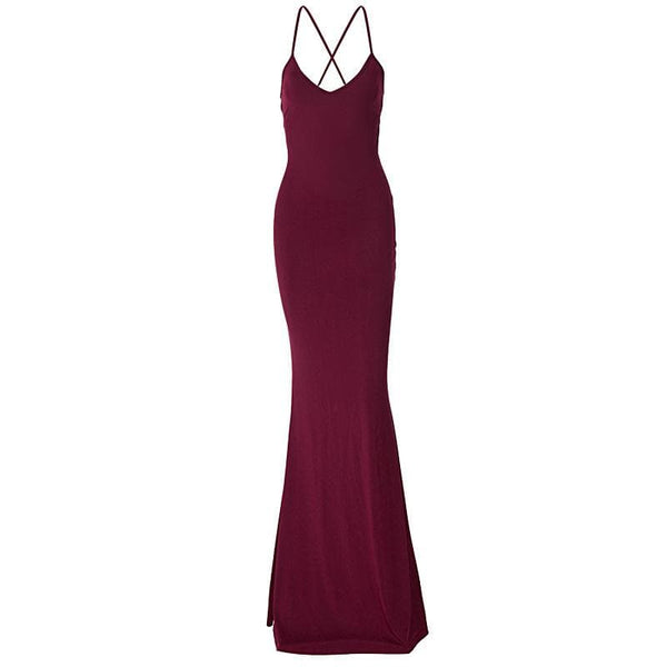Ruched solid backless cross back v neck lace up maxi dress  | red tango dress