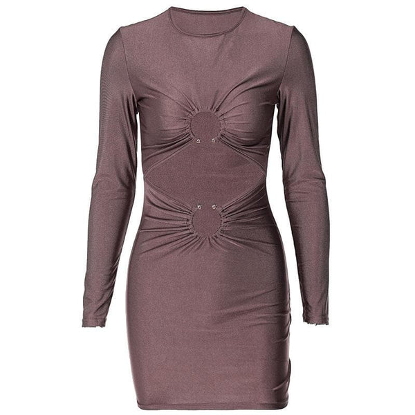 Long sleeve solid ruched o ring hollow out mini dress
