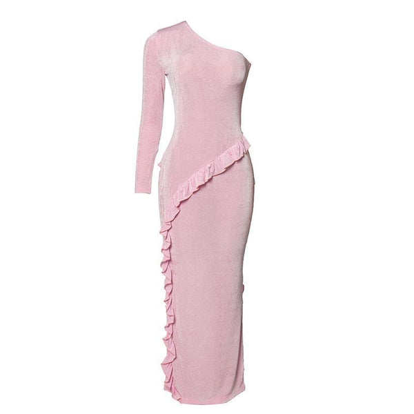 Robe longue asymétrique à volants irréguliers et à une épaule 