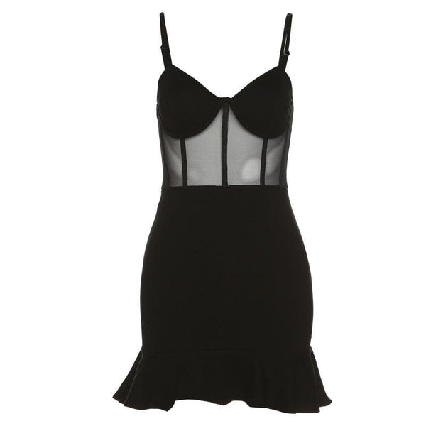 Mini-robe camisole transparente en maille froncée à volants