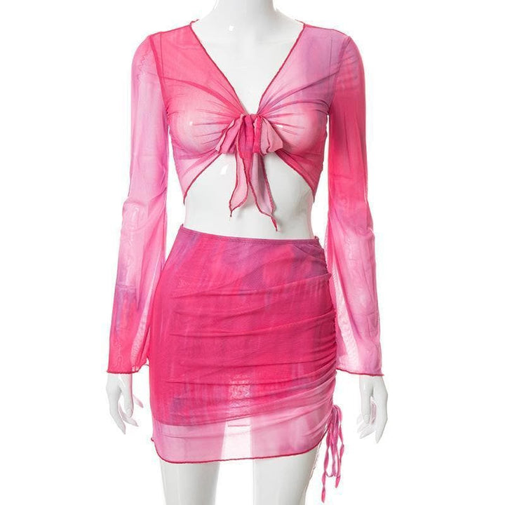 Flared sleeve mesh see through skirt set - Halibuy