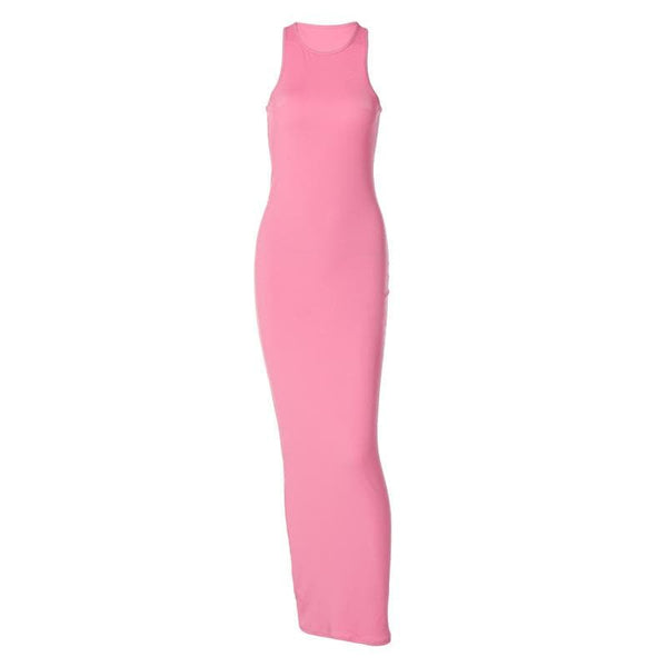 Robe longue côtelée unie sans manches à col ras du cou