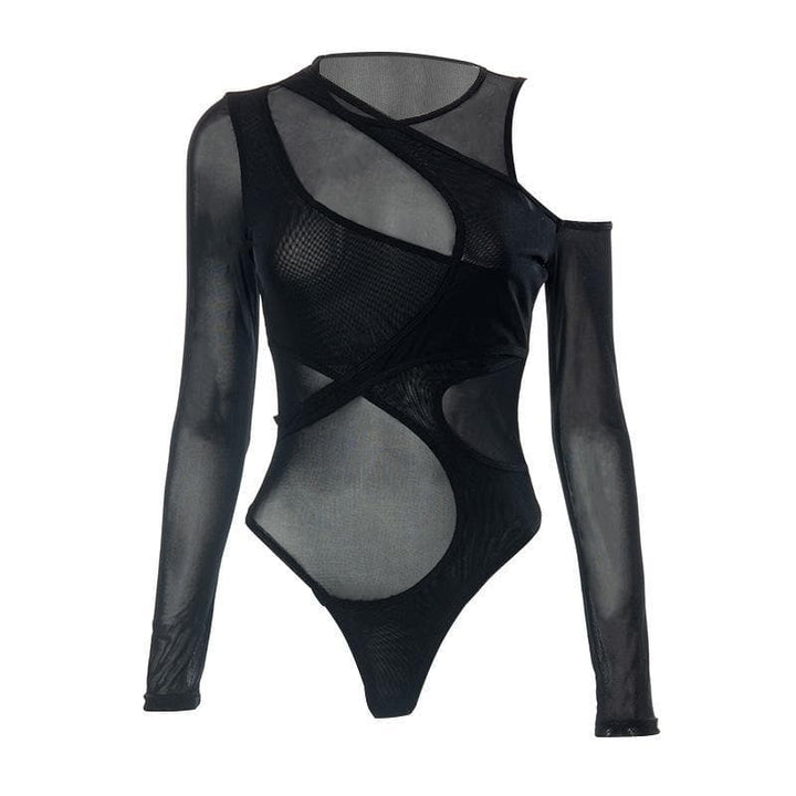 Long sleeve off shoulder irregular sheer mesh bodysuit - Halibuy