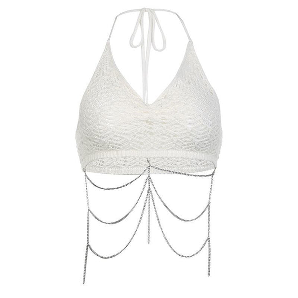 Haut court en crochet à dos nu avec chaîne en métal froncée et col en V 