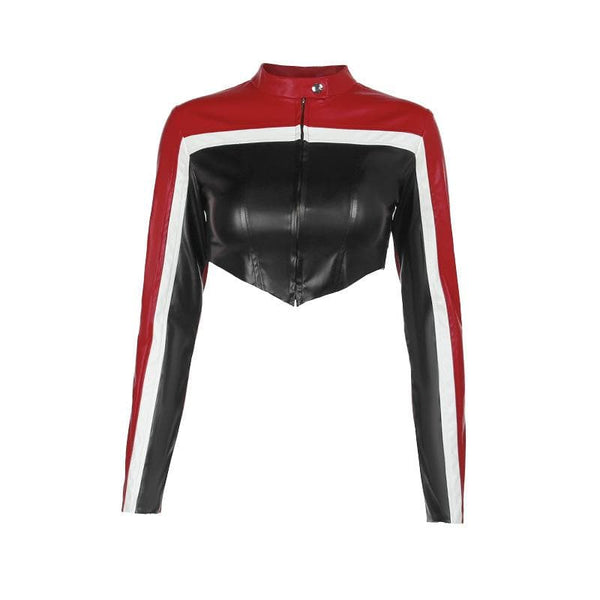 Contrast patchwork zip-up long sleeve PU leather to top jacket