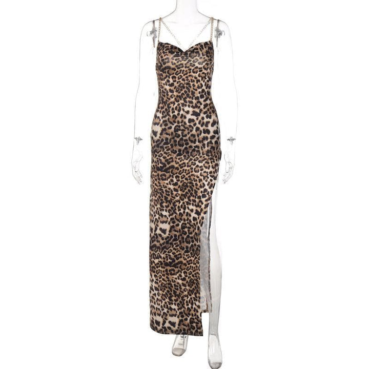Cowl neck metal chain high slit open back maxi dress - Halibuy