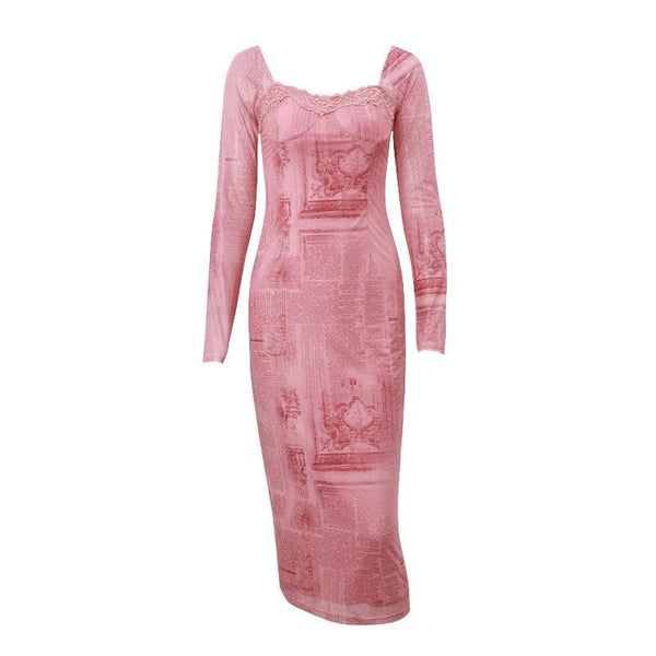Robe midi zippée à manches longues et ourlet en dentelle