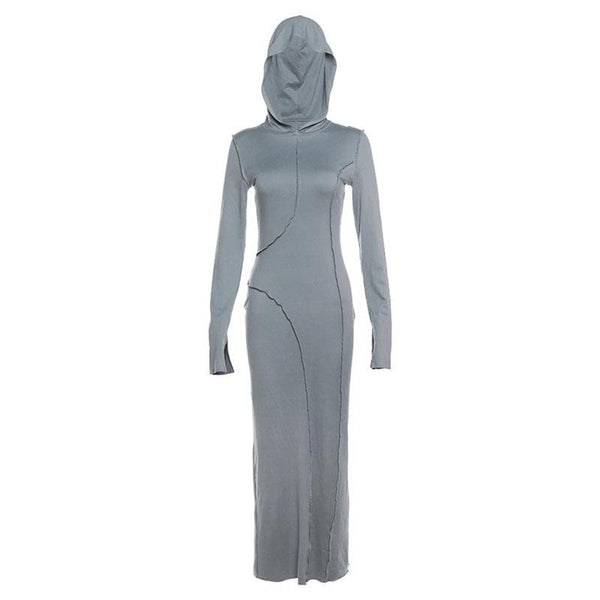 Robe longue fendue à manches longues et capuche unie 