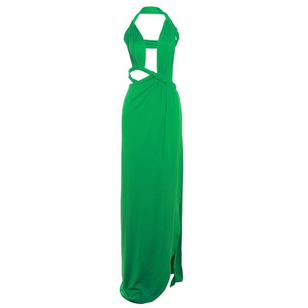 Robe longue froncée nouée à dos nu irrégulière et unie 