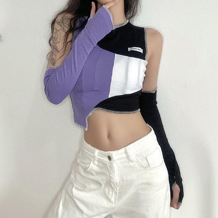 Patchwork off shoulder gloves ribbed crop top - Halibuy