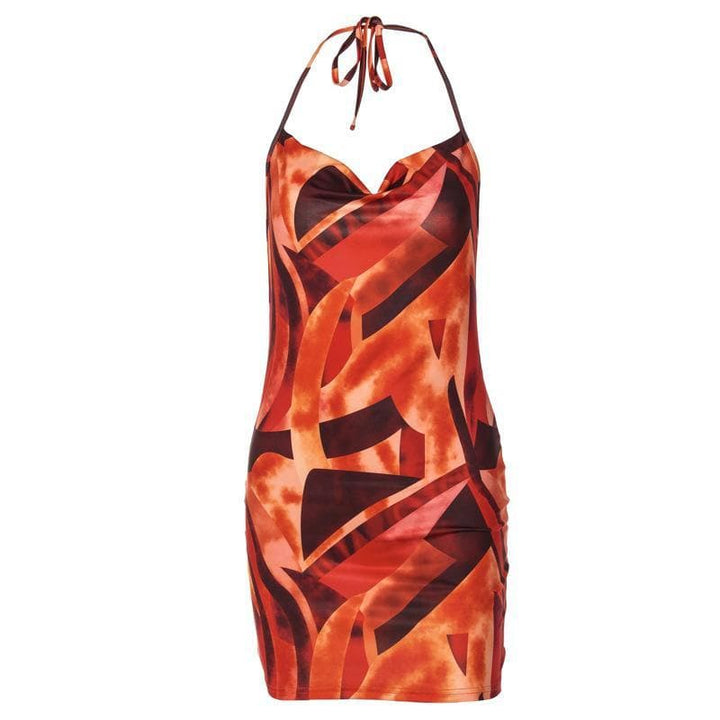 Cowl neck print backless halter mini dress - Halibuy