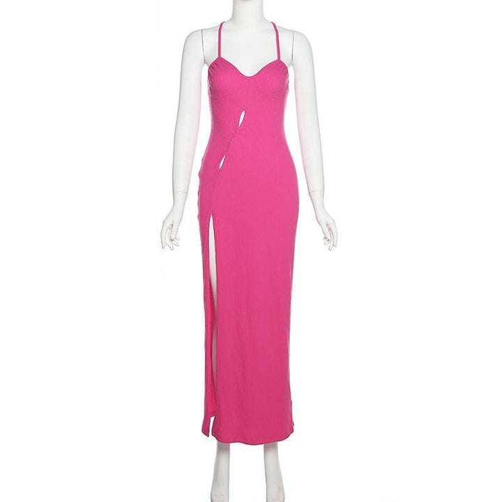 Cross open back hollow out slit ribbed maxi dress - Halibuy
