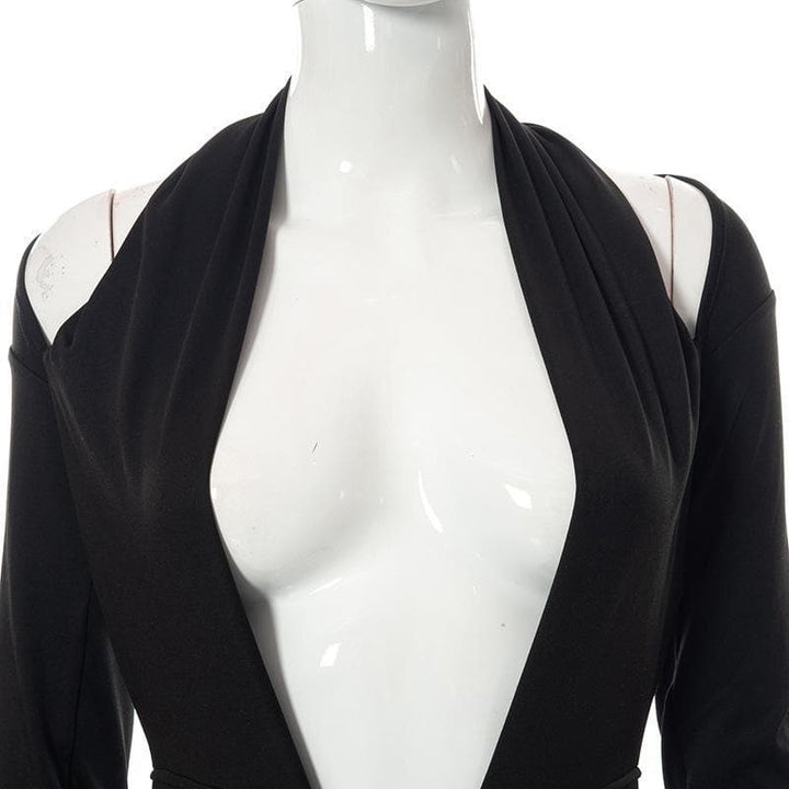 Deep v neck long sleeve open back solid ruched mini dress - Halibuy
