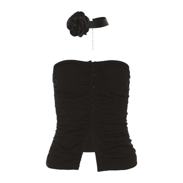 Button solid flower applique halter ruched backless tube crop top