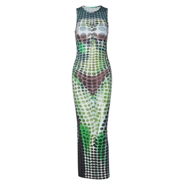 Robe longue à pois contrastés, sans manches, col ras du cou