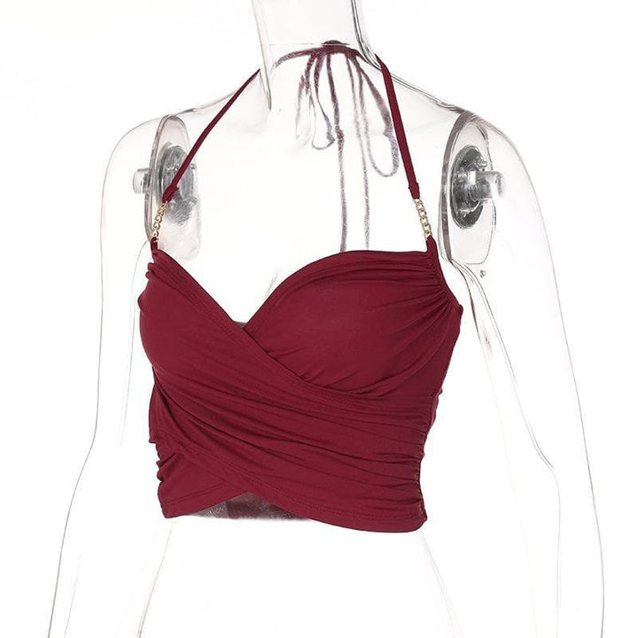 V neck cross front solid crop top - Halibuy
