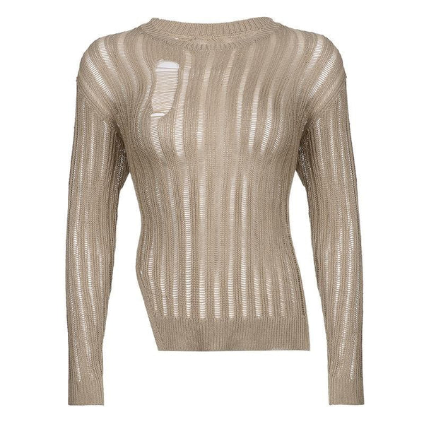 Irregular slit crewneck knitted long sleeve solid crochet top