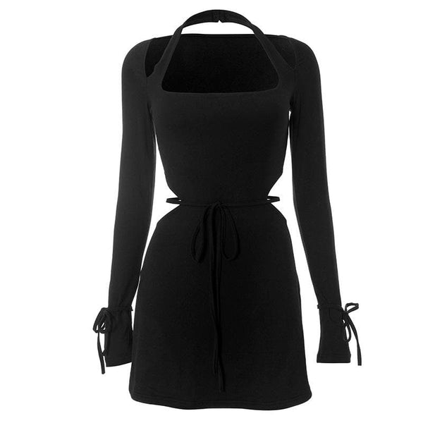 Long flared sleeve halter square neck hollow out mini dress