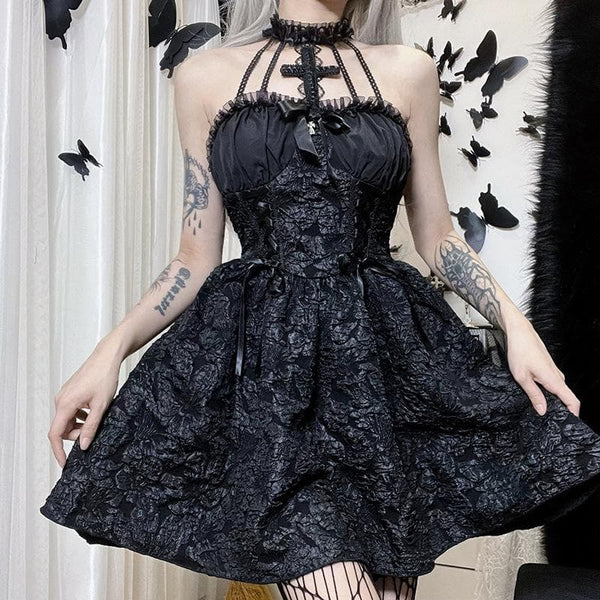 Robe mini à lacets et fermeture éclair à volants et appliques croisées texturées | Robe rave noire 