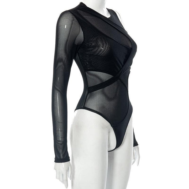 Long sleeve off shoulder irregular sheer mesh bodysuit - Halibuy