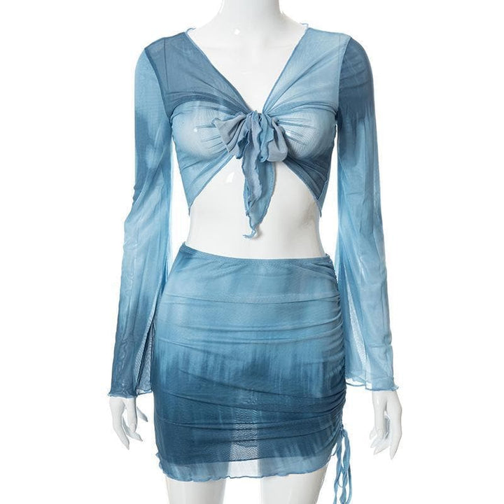 Flared sleeve mesh see through skirt set - Halibuy