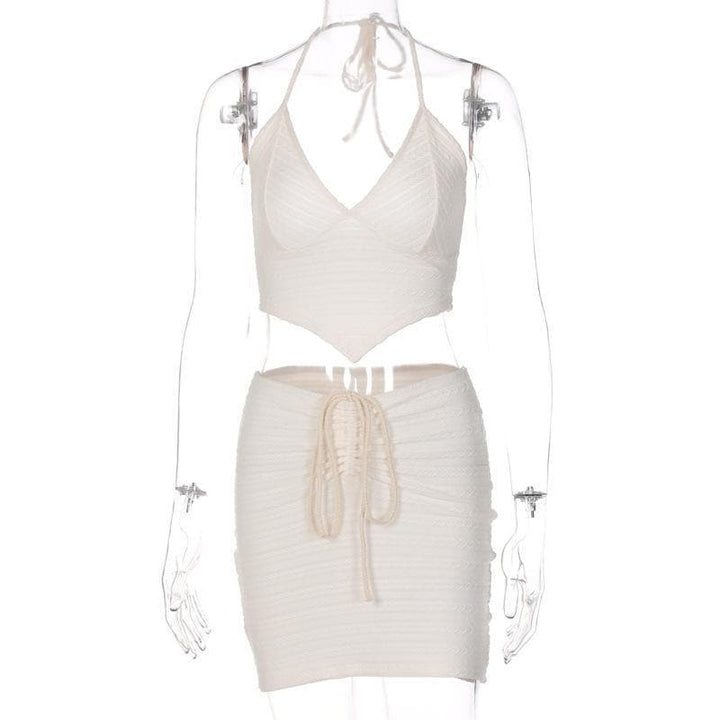Halter tie back v neck drawstring ruched skirt set - Halibuy