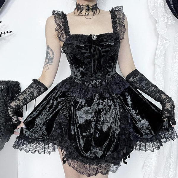 Robe mini à lacets et volants sans manches avec ourlet en dentelle et velours uni 